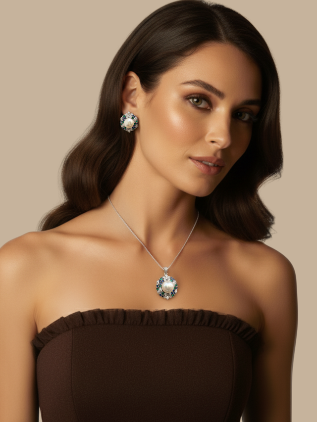 Model Wearing Yasmine Pearl Pendant Necklace & Stud Earrings set Comfort Fit 925 Sterling Silver Rhodium Plated Brass Stone Metal 2 cm 22.7gms