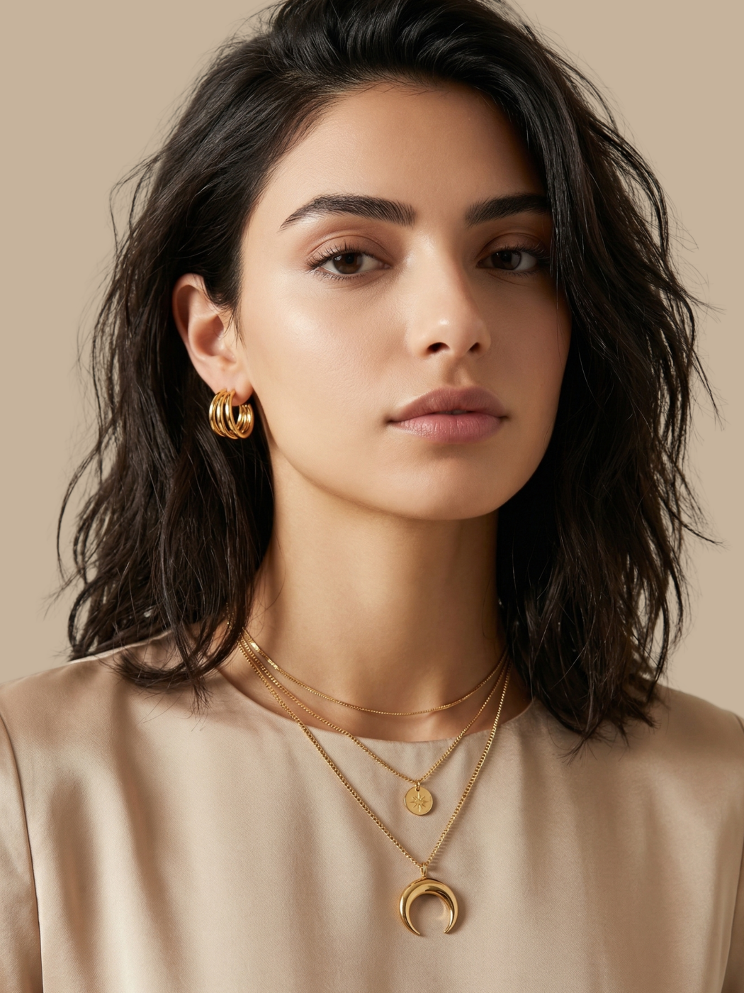 Alternate View of Model Wearing Sasha Sun Glitter Waterproof Hoop Earrings Jewelry for Pierced Ears 18k Gold Plated Steel | Hypoallergenic Tarnish Resistant Sweat Water Eco - Friendly One Size 15.4gms Stainless