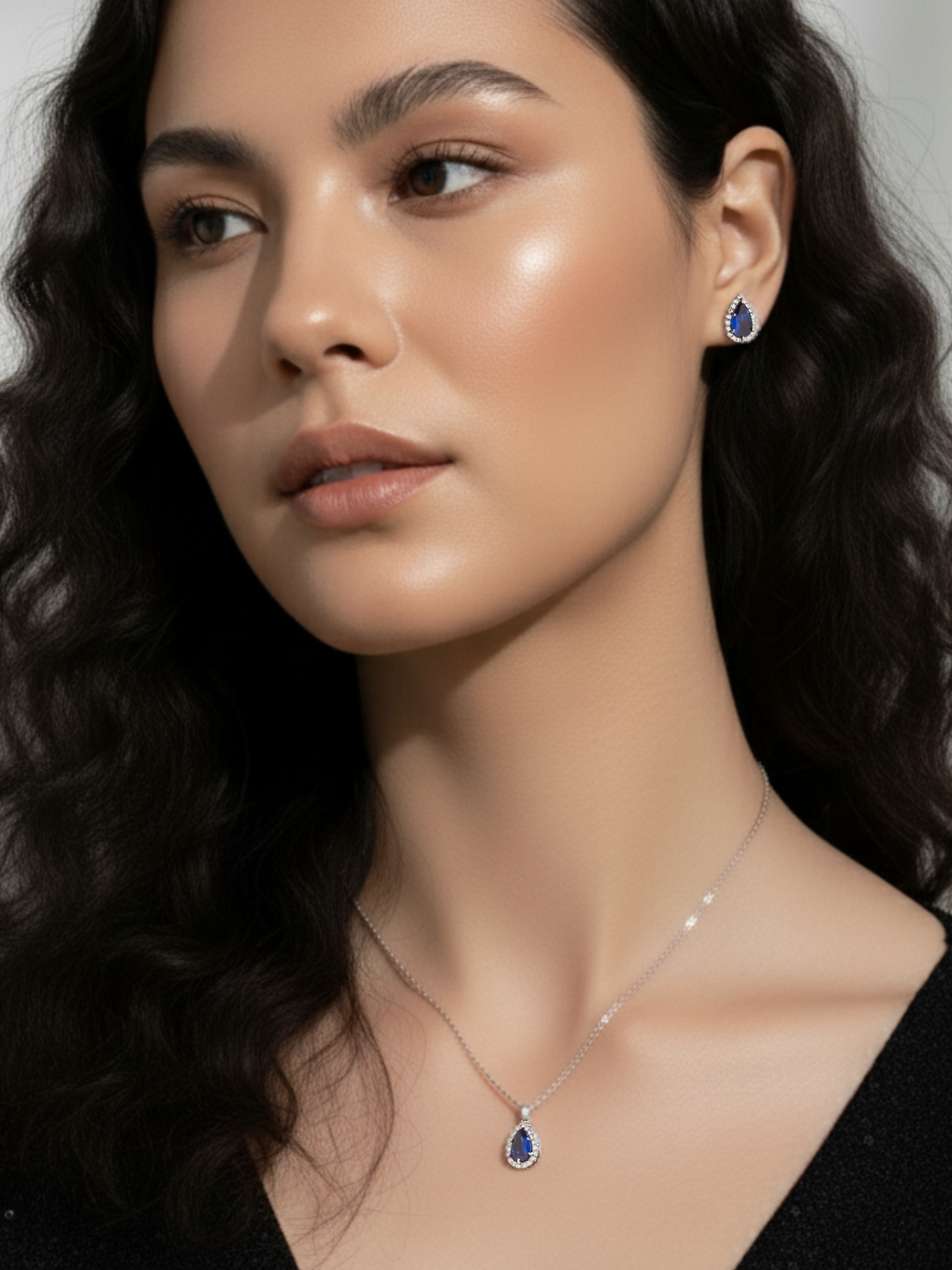 Model Wearing Zia Drop Pendant Necklace & Stud Earrings in 925 Sterling Silver - Blue Fixed Length Metal 16 inches 4.6gms