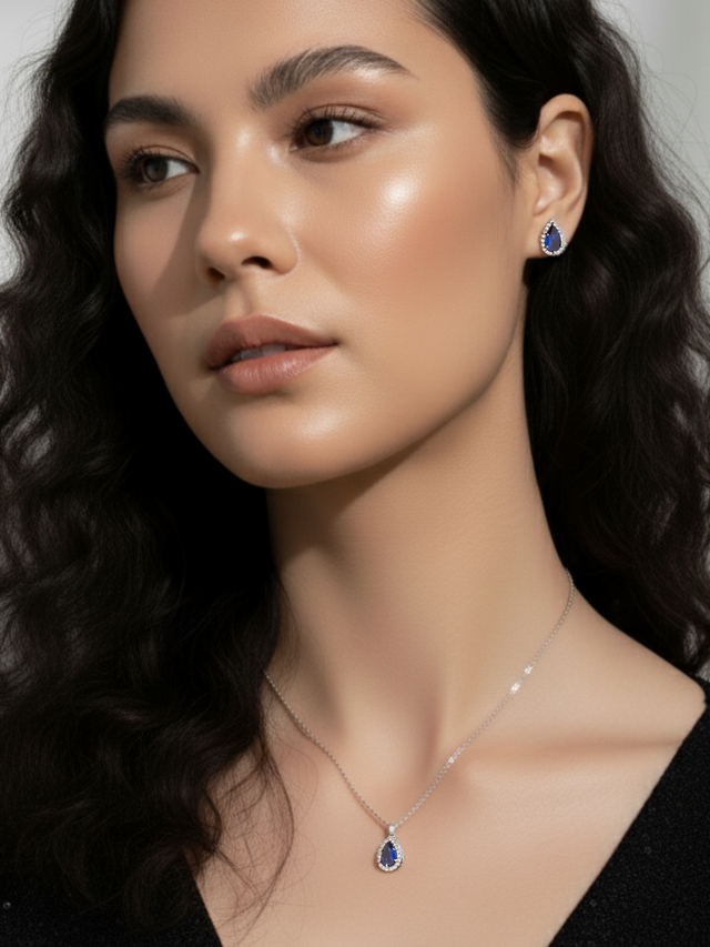 Model Wearing Zia Drop Pendant Necklace & Stud Earrings in 925 Sterling Silver - Blue Fixed Length Metal 16 inches 4.6gms