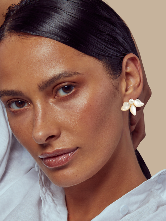 Model Wearing Katie Pearl Stud Earrings Jewelry for Pierced Ears 18k Gold Plated Steel | Hypoallergenic Tarnish Resistant Sweat Water Eco - Friendly One Size 3.8gms Stainless