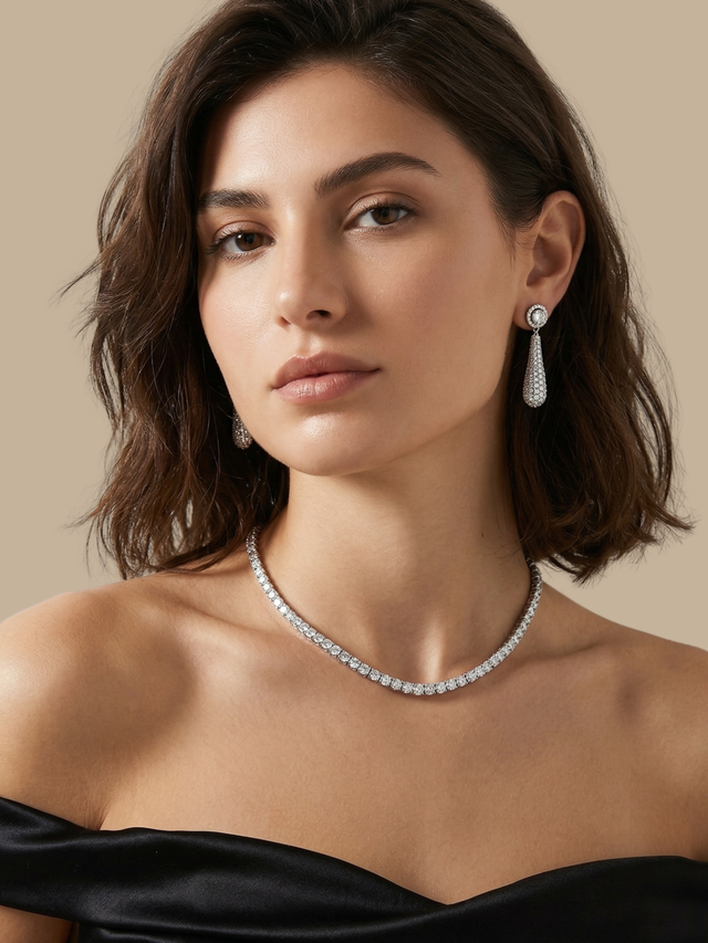 Alternate View of Model Wearing Diorra Detachable Drop & Stud Earrings Jewelry for Pierced Ears Post / Pin Push in 925 Sterling Silver Stamp Marked Rhodium Plated Copper One Size 12gms