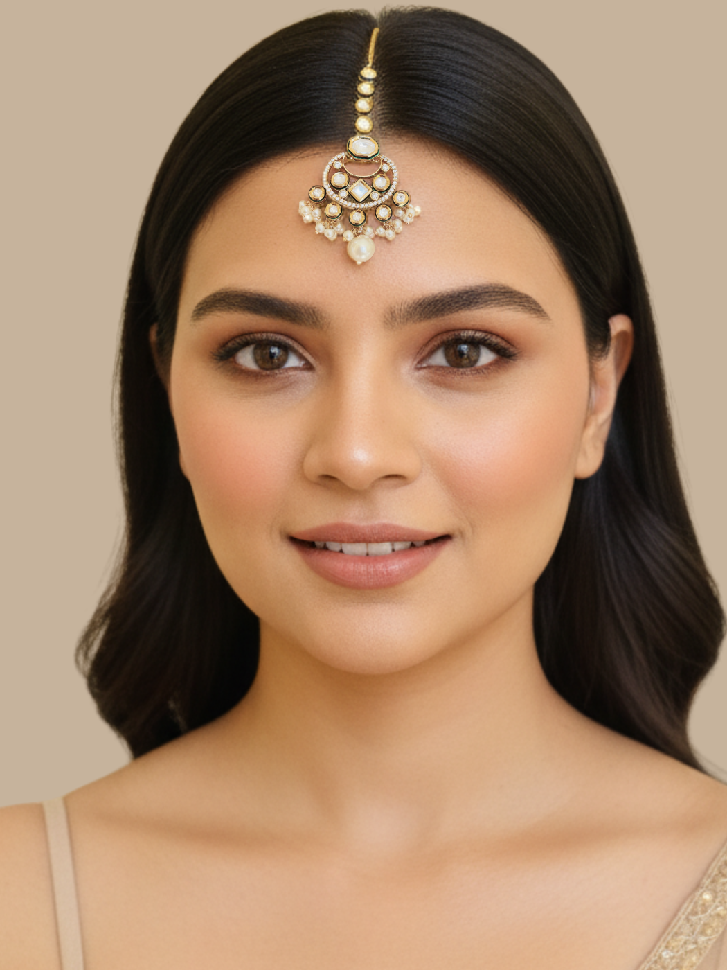 Model Wearing Isha Pearl Mang Tikka Fixed Length Gold Plated Brass Metal One Size 13.9gms