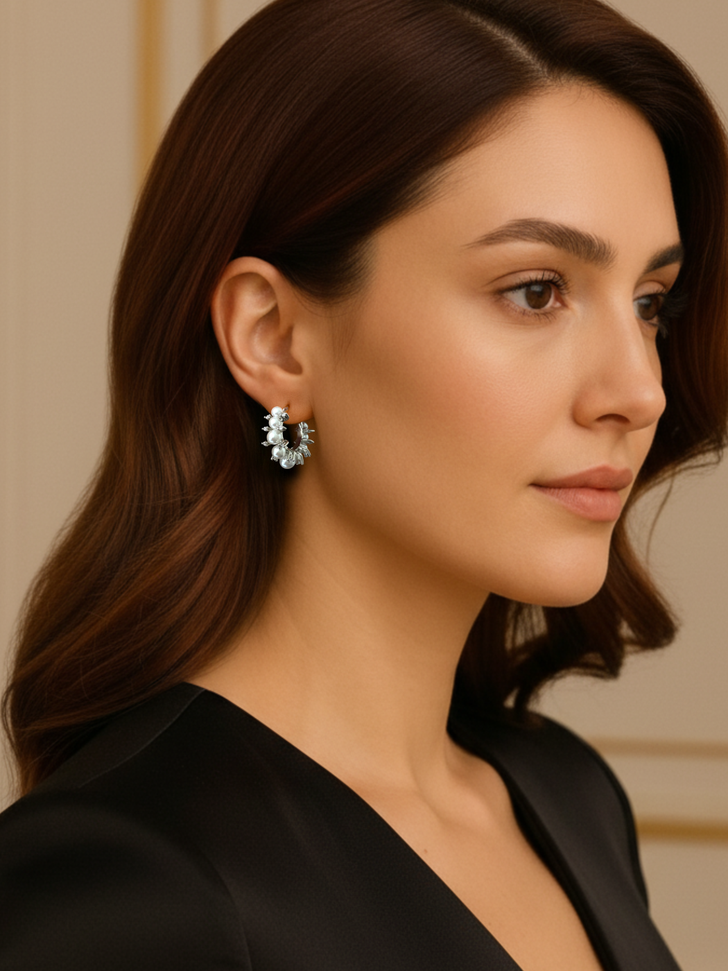 Alternate View of Model Wearing Leya Pearl Hoop earrings in Rhodium Plating Jewelry for Pierced Ears Plated Brass Metal Stone 3 cm 9.7gms