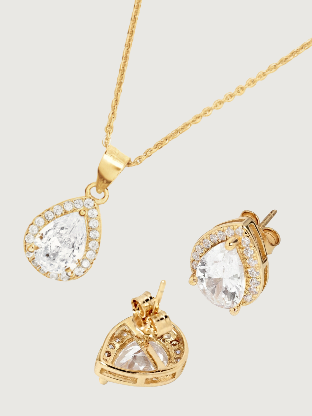 Closeup of Zia Drop Pendant Necklace & Stud Earrings in 18k gold plated 925 sterling silver Comfort Fit Gold Plated Sterling Silver 16 inches 4.8gms