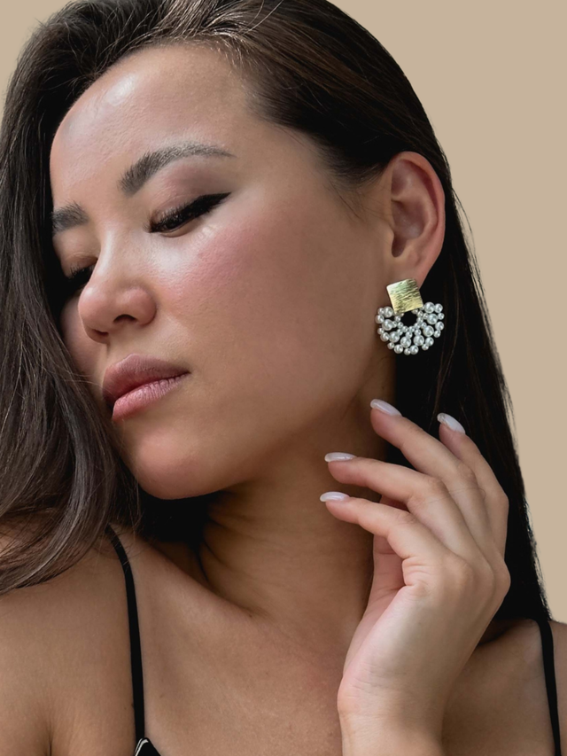 Model Wearing Hannah Pearl Fan Earrings Jewelry for Pierced Ears Gold Plated Brass 925 Sterling Silver One Size 4.8gms