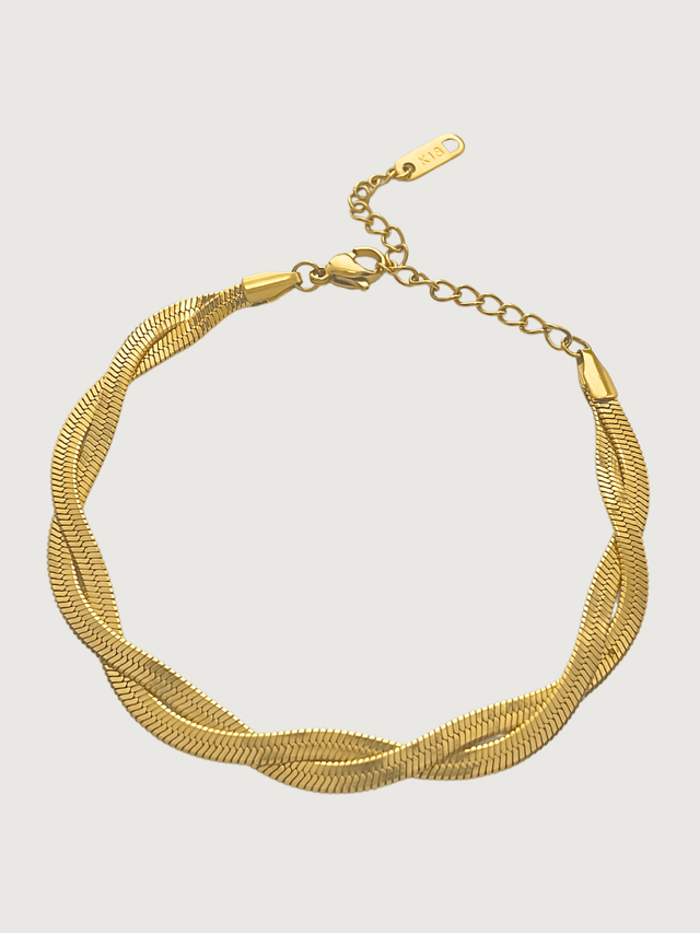 Front View of Raia Ripple Bracelet in 18K Gold Plated Metal Adjustable Length 18k Steel | Hypoallergenic Tarnish Resistant Sweat Water Eco - Friendly One Size 5.1gms