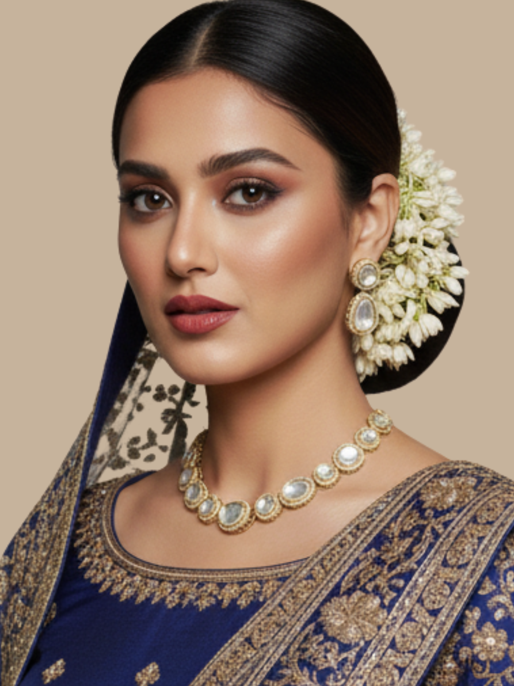Model Wearing Navya Kundan Polki Necklace and Drop Earring Set 18K Gold Plated Adjustable Length Rhodium Brass Metal Stone One Size 83.1gms