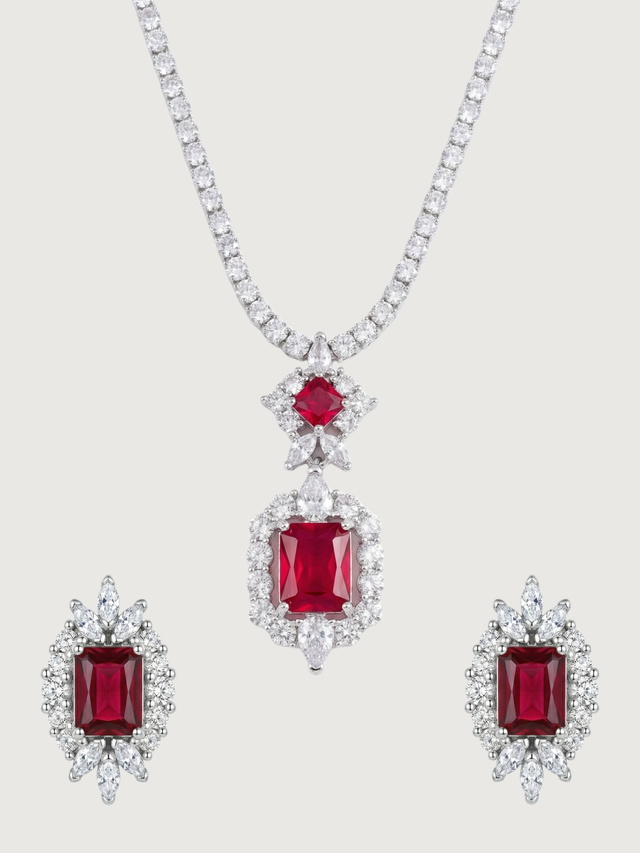 Front View of Amaris Tennis Necklace and Earrings in Rhodium Plated Metal-Red Comfort Fit Copper 16 inches 22.1gms Mix Metal