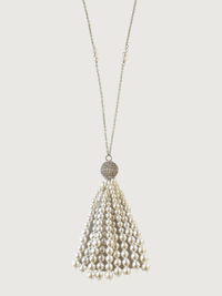 Front View of Selina Pearl Tassel Necklace in Sterling Silver Fixed Length 925 Rhodium Plated Brass Metal Stone 36 inches 27.1gms
