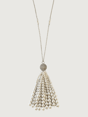 Front View of Selina Pearl Tassel Necklace in Sterling Silver Fixed Length 925 Rhodium Plated Brass Metal Stone 36 inches 27.1gms