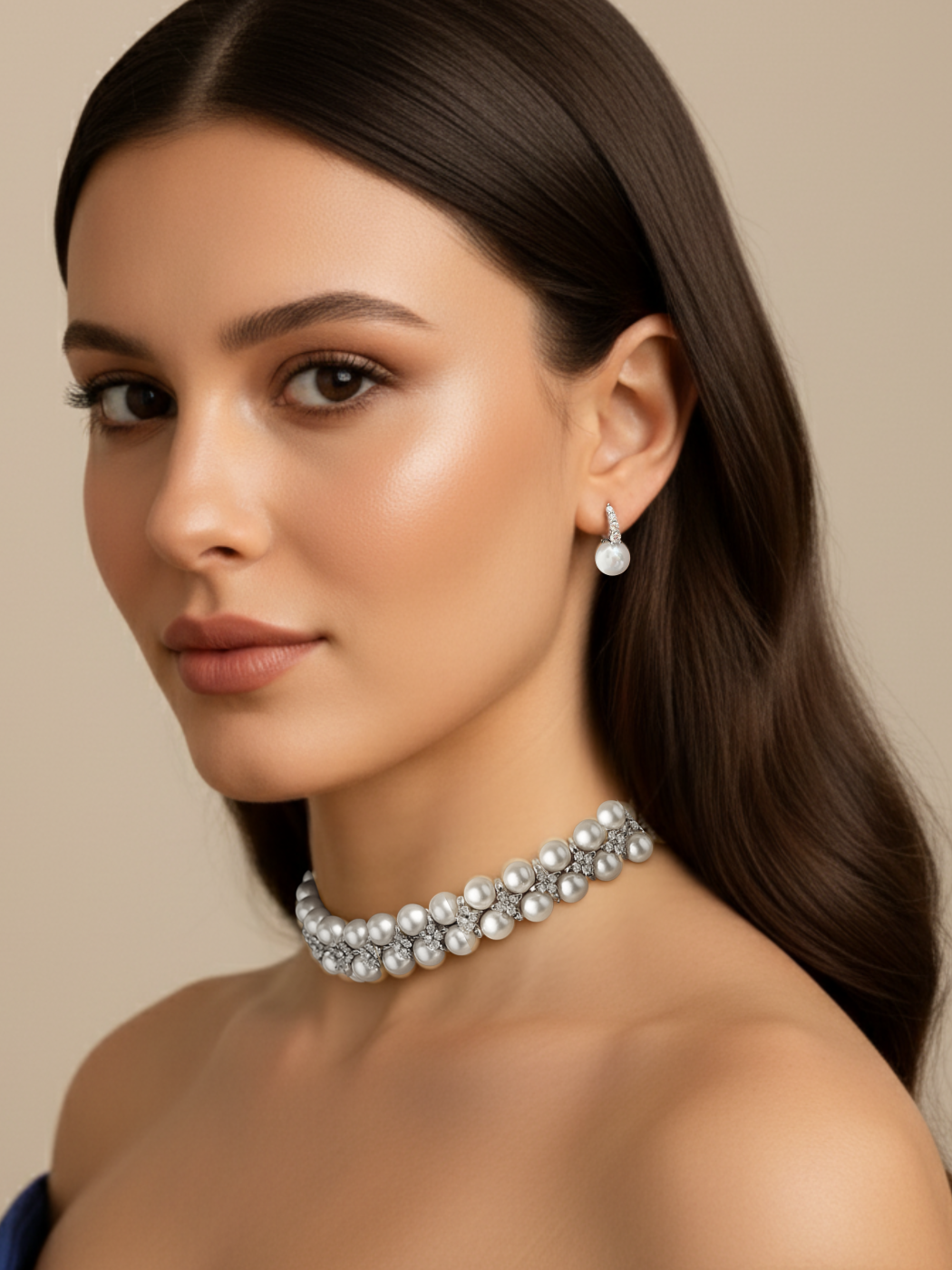 Alternate View of Model Wearing Bianca Pearl Huggie Hoop Earrings in 925 Sterling Silver Jewelry for Pierced Ears Metal Stone 2 cm 2.4gms
