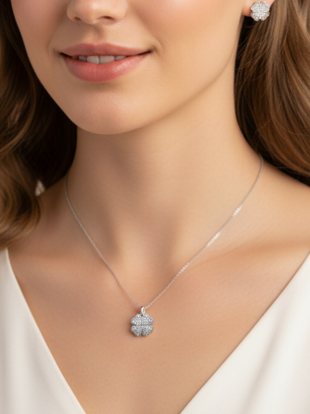 Alternate View of Model Wearing Cara Clover Pendant Necklace in 925 Sterling Silver Fixed Length Rhodium Plated Brass Metal Stone 16 inches 2.5gms