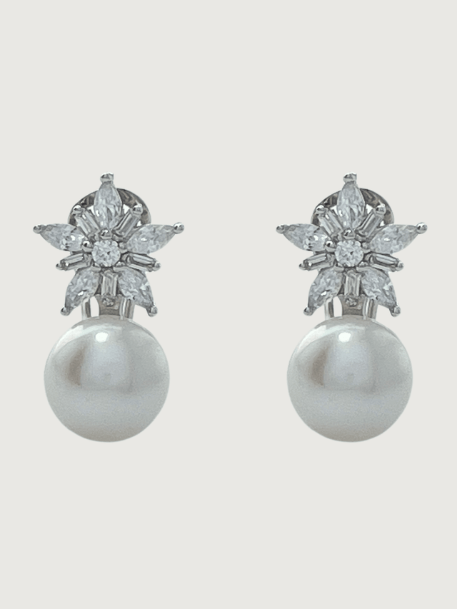 Front View of Belle Pearl Drop Earrings in Sterling Silver Jewelry for Pierced Ears 925 Stone Metal One Size 5.4gms