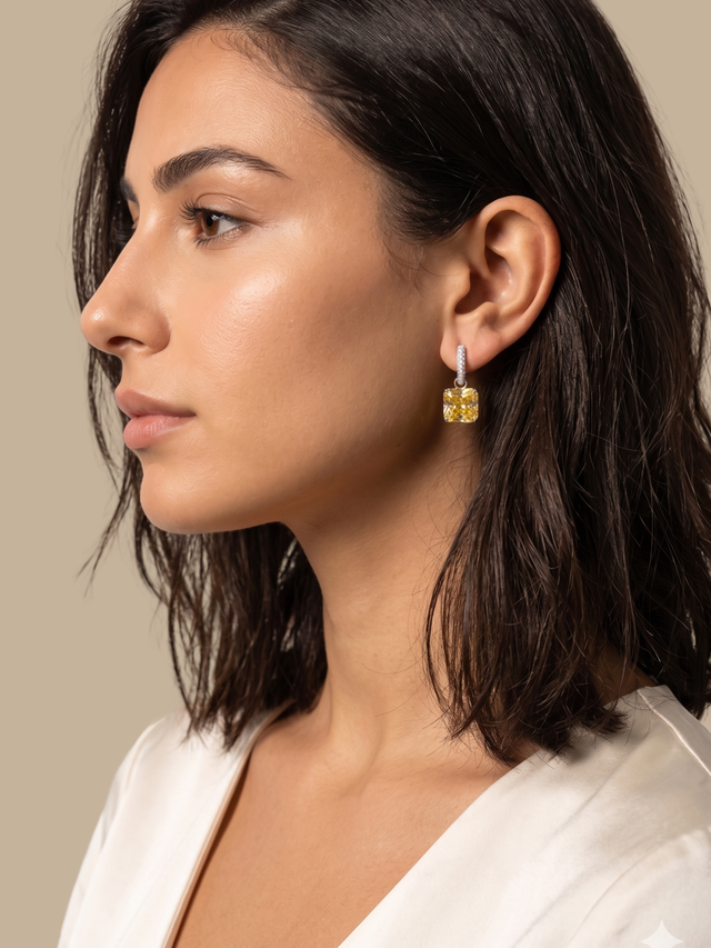 Model Wearing Valery Drop Huggie Hoop Earrings - Yellow Jewelry for Pierced Ears Rhodium Plated Brass 2.5 cm 9.5gms