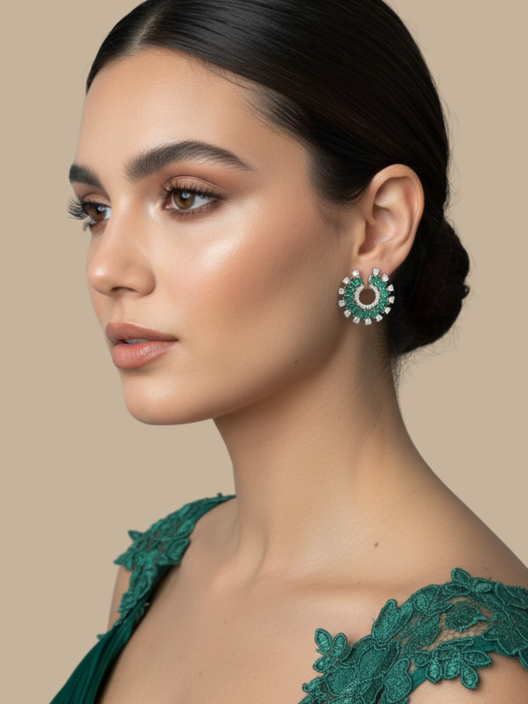 Alternate View of Model Wearing Herina Halo Stud Earrings in Plated Metal-Green Jewelry for Pierced Ears Post / Pin & Push 925 Sterling Silver Stamp Marked Rhodium Brass 3 cm 10.7gms