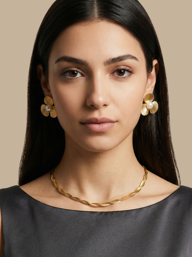 Alternate View of Model Wearing Raia Ripple Necklace Adjustable Length 18k Gold Plated Steel | Hypoallergenic Tarnish Resistant Sweat Water Eco - Friendly One Size 11.7gms Stainless