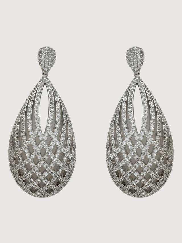 Front View of Emily Drop Earrings in Rhodium-Plated Metal Jewelry for Pierced Ears Rhodium Plated Copper Stone 925 Sterling Silver One Size 20.9gms