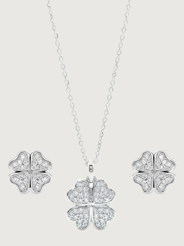 Front View of Cara Clover Pendant Necklace and Earrings in Sterling Silver Fixed Length 925 Metal 16 inches 4.2gms