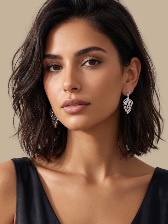 Model Wearing Lyra Vine Cluster Drop Earrings Jewelry for Pierced Ears Post / Pin & Push in 925 Sterling Silver Stamp Marked Rhodium Plated Brass 3.5 cm 6.5gms