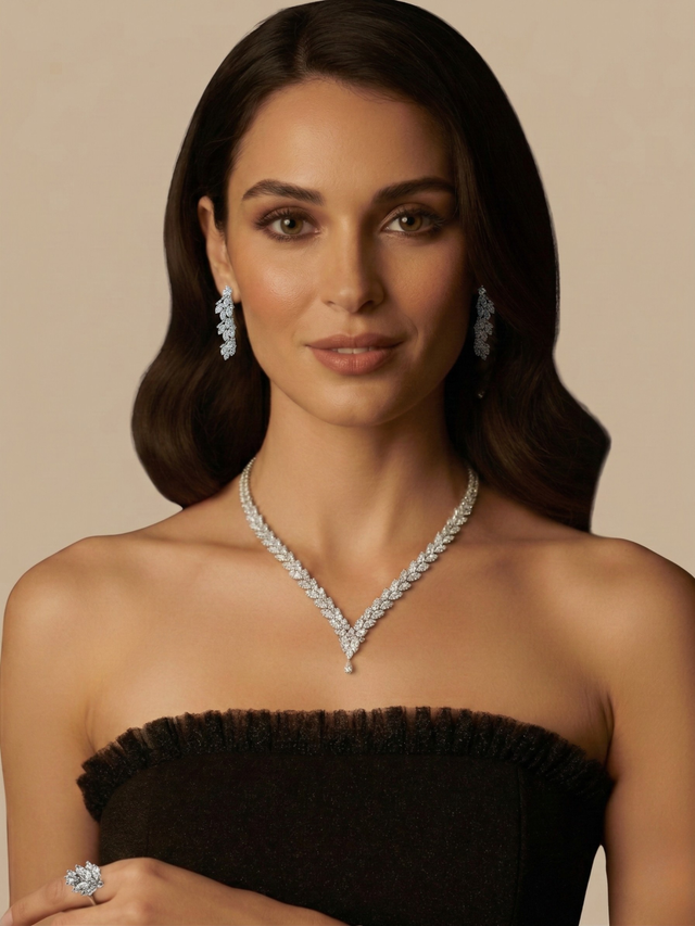 Model Wearing Gwen Necklace with Earrings Bracelet and Ring in Rhodium Plated Metal Comfort Fit Copper 16 inches 31.3gms Mix