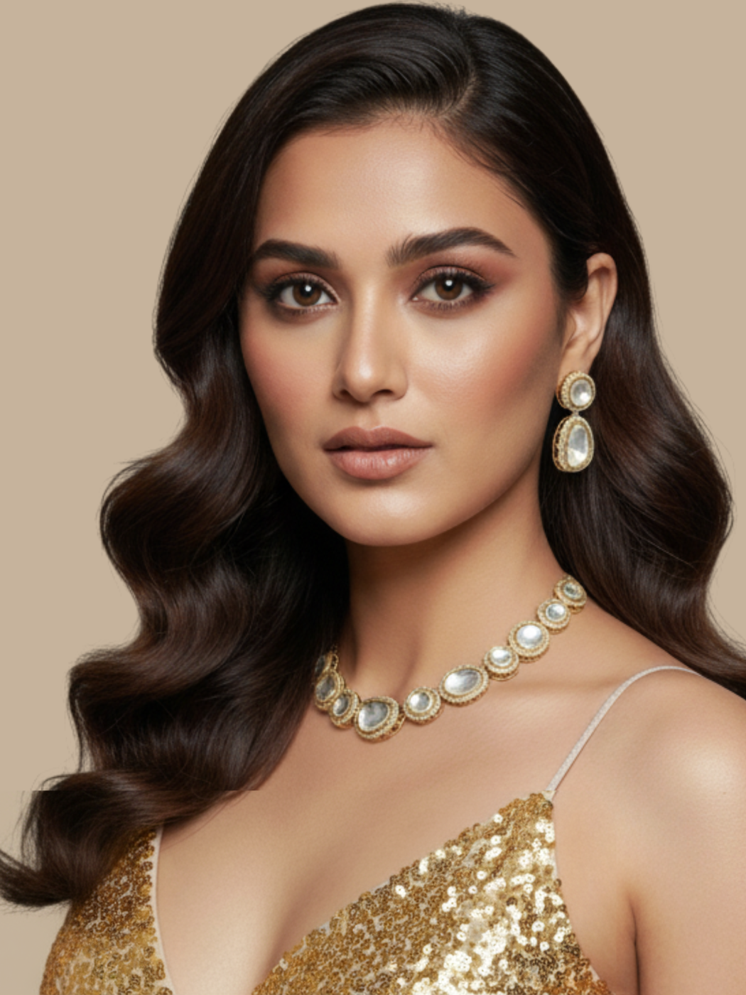 Alternate View of Model Wearing Navya Kundan Polki Necklace and Drop Earring Set 18K Gold Plated Adjustable Length Rhodium Brass Metal Stone One Size 83.1gms