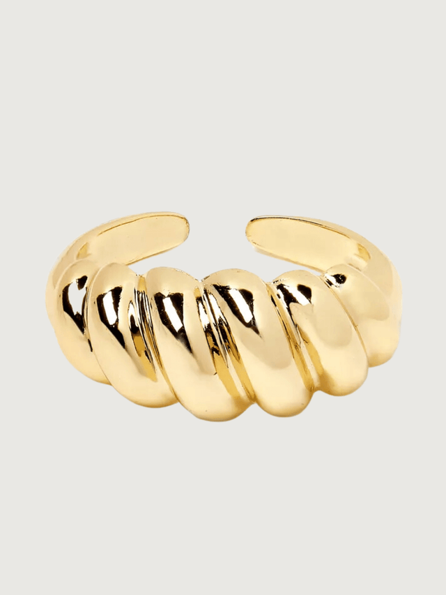 Front View of Elli Open Ring in 18k Gold-Plated Metal Open-Adjustable-Resizable Gold Plated Steel | Hypoallergenic Tarnish Resistant Sweat Water Eco - Friendly One Size 4.2gms