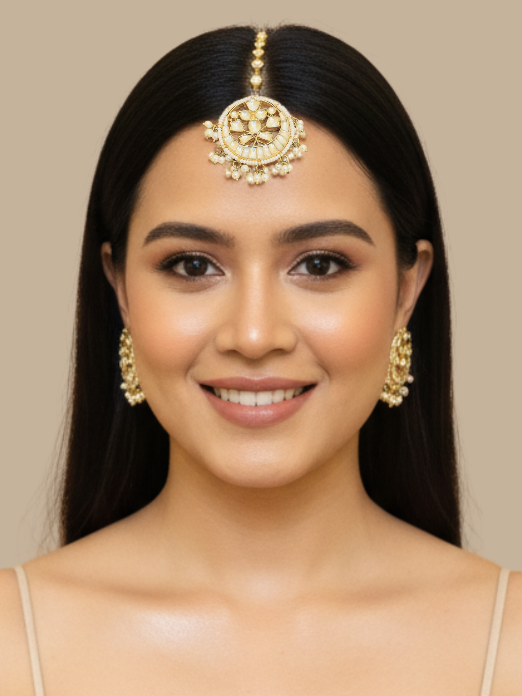 Model Wearing Kashvi Pearl Maang Tika Fixed Length Gold Plated Brass Metal One Size 15.5gms