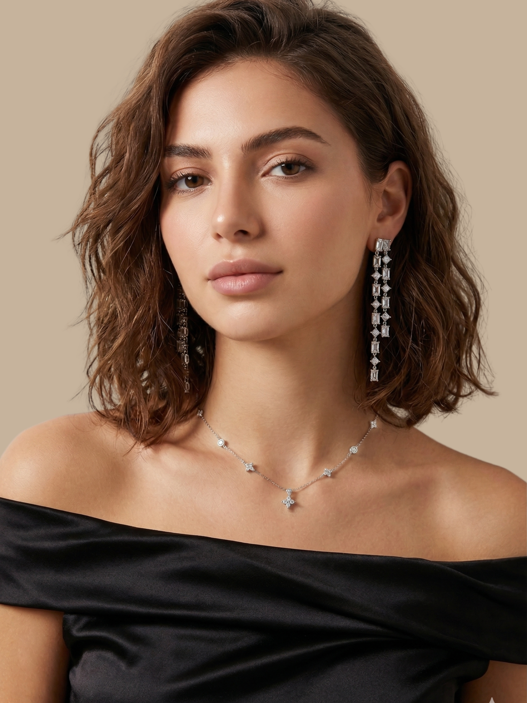 Alternate View of Model Wearing Elora Statement Drop Earrings Jewelry for Pierced Ears Rhodium Plated Brass Post / Pin & Push in 925 Sterling Silver Stamp Marked 8 cm 11.4gms