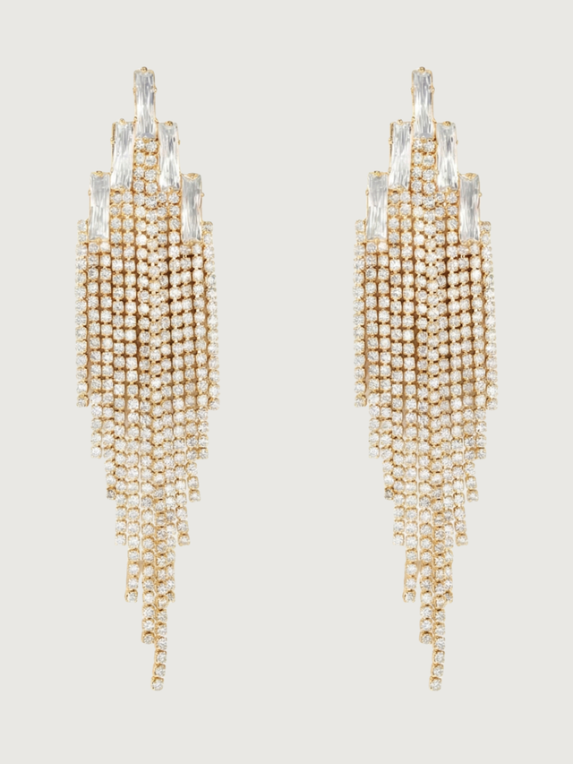 Front View of Elise Waterfall Earrings in Gold Plated Metal-Yellow Jewelry for Pierced Ears Brass One Size 14.8gms Sterling Silver