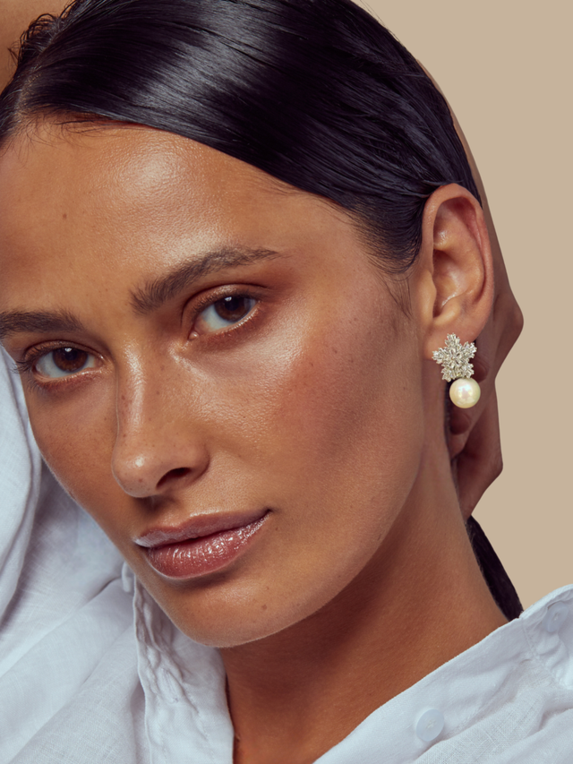 Model Wearing Blanca Pearl Earrings Jewelry for Pierced Ears Rhodium Plated Copper 925 Sterling Silver 2 cm 6.4gms