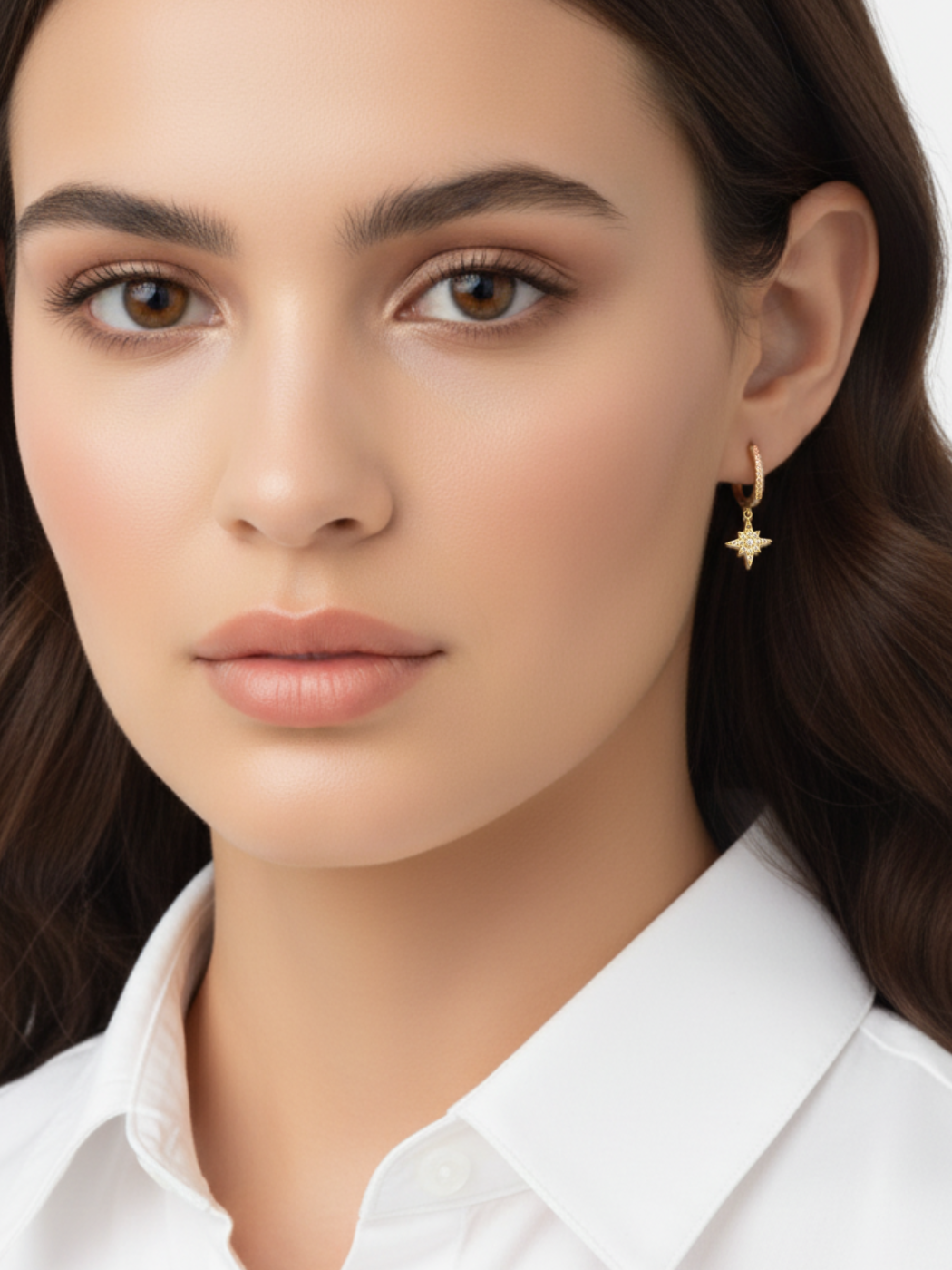 Model Wearing Stella Star Single Earring in 18k Gold-plated Sterling Silver Jewelry for Pierced Ears Gold Plated 925 Metal Stone One Size 0.7gms