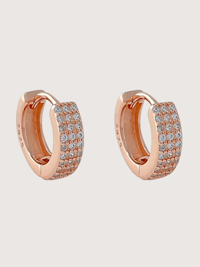 Front View of Lia Huggie Hoop Earrings in 18k Rose Gold plated Sterling Sliver Jewelry for Pierced Ears Plated 925 Silver Metal Stone One Size 2.8gms