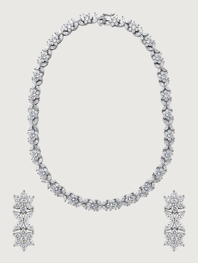 Front View of Lumiere Necklace Set with Earrings in Rhodium Plated Metal Comfort Fit Copper 16 inches 47.3gms Mix