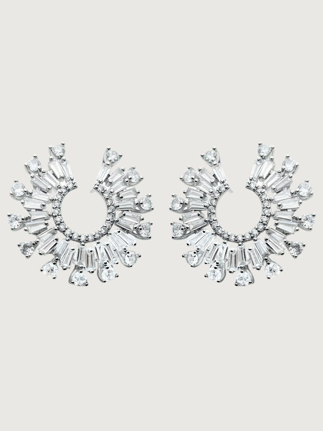 Front View of Herina Halo Stud Earrings -white Jewelry for Pierced Ears Rhodium Plated Brass Post / Pin & Push in 925 Sterling Silver Stamp Marked 3 cm 11.2gms