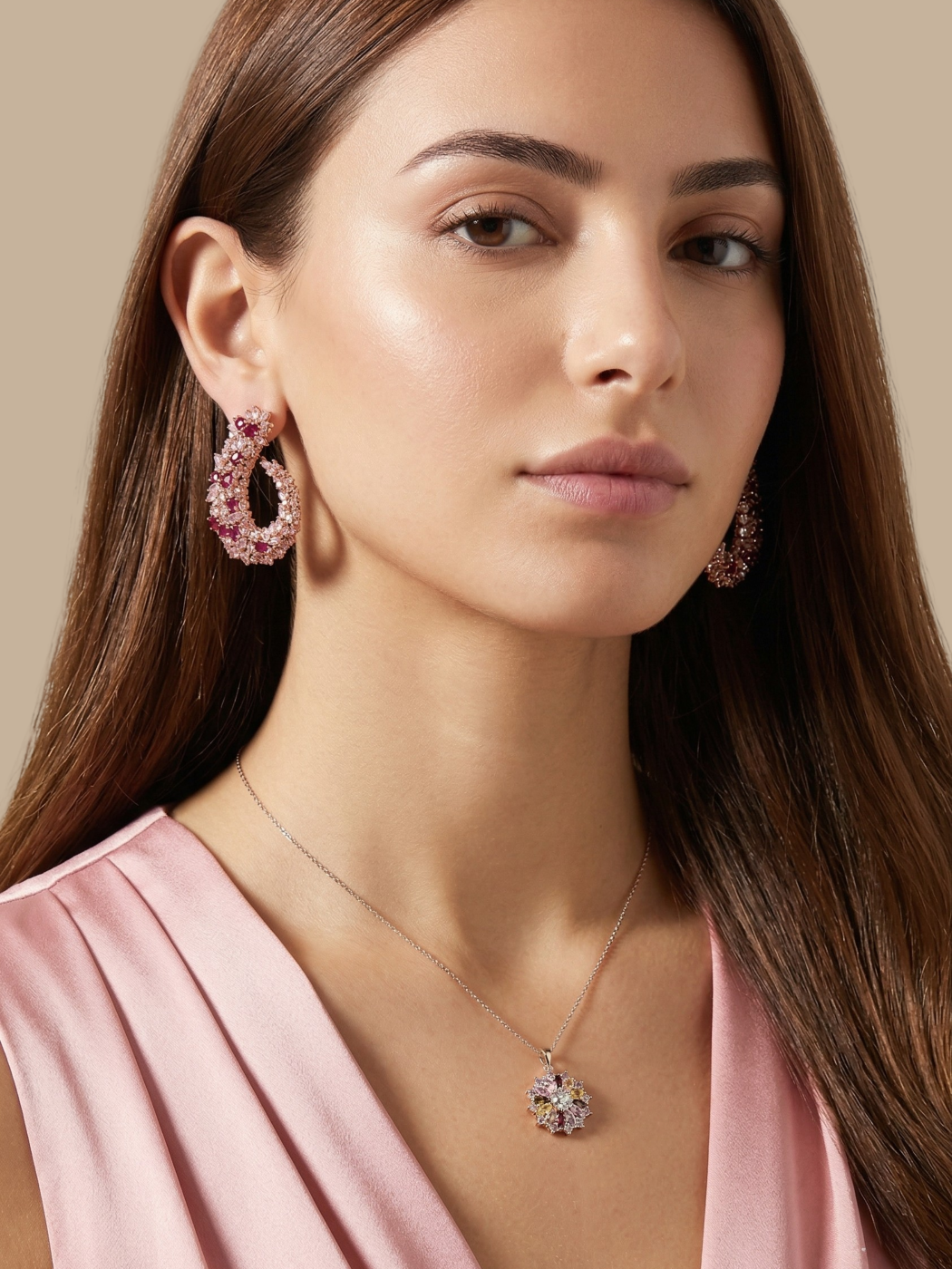Alternate View of Model Wearing Noor Pendant Necklace Fixed Length 18k Rose Gold Plated 925 Sterling Silver Brass One Size 6.3gms