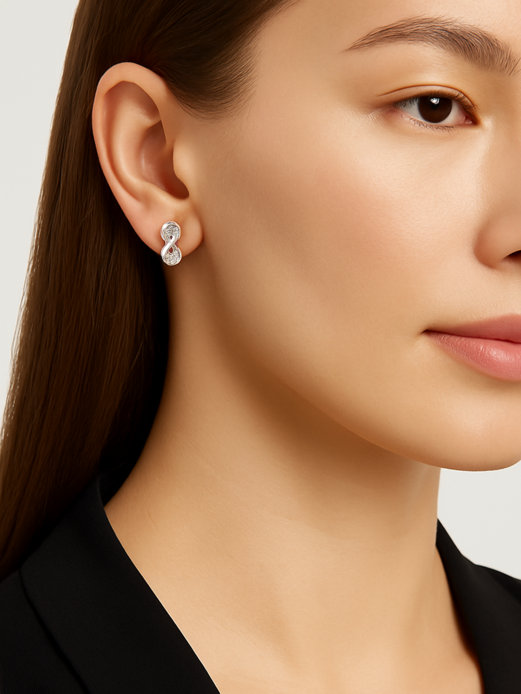 Model Wearing Anello Infinito Stud Earrings in Sterling Silver Jewelry for Pierced Ears 925 Metal Stone One Size 1.8gms