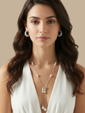 Alternate View of Model Wearing Leya Pearl Hoop Earrings Jewelry for Pierced Ears Rhodium Plated Brass 3 cm 9.7gms