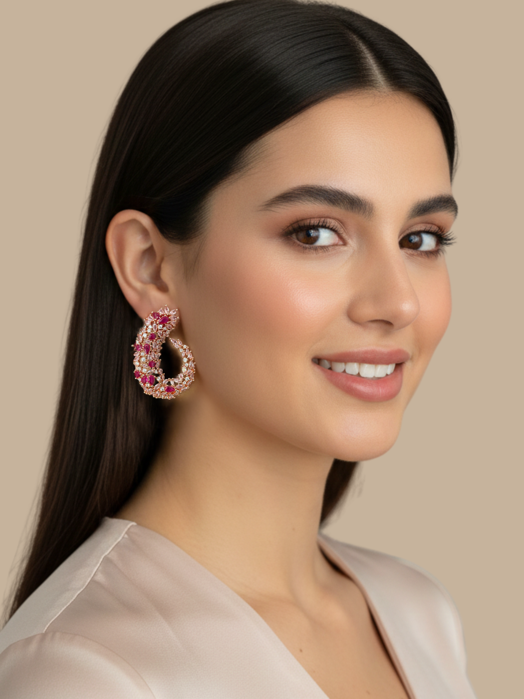 Model Wearing Siena Cluster Stud Earrings in Rhodium Plated Metal -Pink Jewelry for Pierced Ears Post / Pin & Push 925 Sterling Silver Stamp Marked 4.5 cm 14.2gms Mix