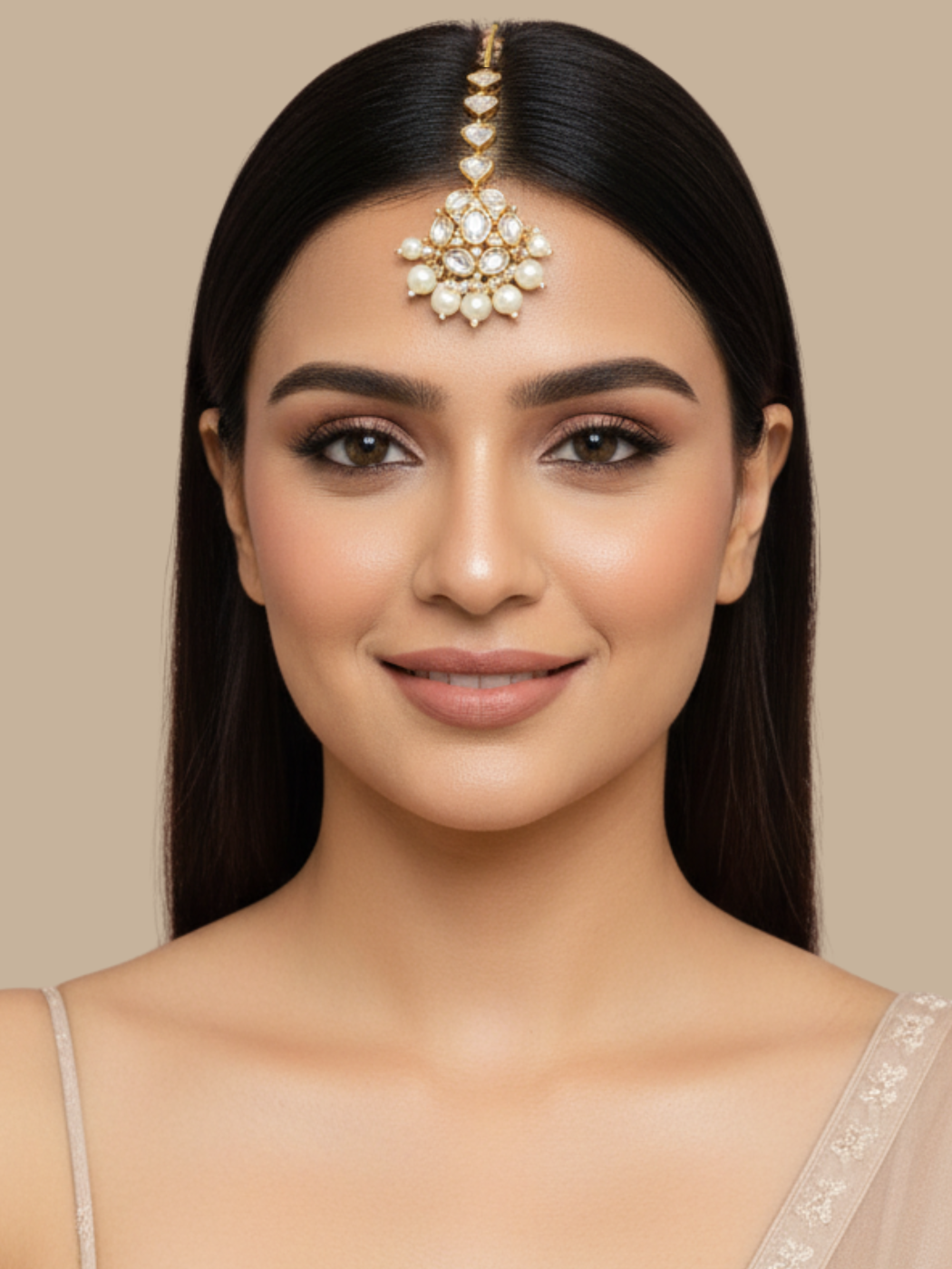 Model Wearing Aadhya Pearl Mang Tikka Comfort Fit Gold Plated Brass Metal Stone One Size 14.2gms