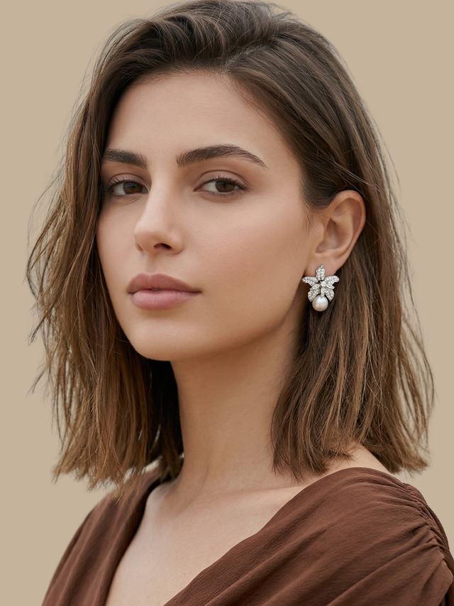 Model Wearing Cattleya Pearl Stud Earrings Jewelry for Pierced Ears Post / Pin & Push in 925 Sterling Silver Stamp Marked Rhodium Plated Copper 25.54 mm 8.5gms