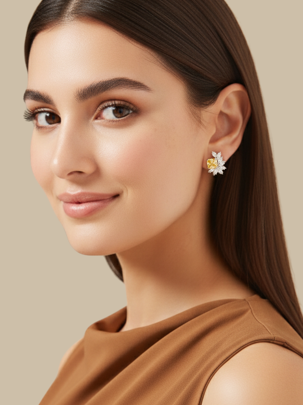 Model Wearing Celestia Stud Earrings in Rhodium Plating-Yellow Jewelry for Pierced Ears 925 Sterling Silver Metal 1.5 cm 6gms