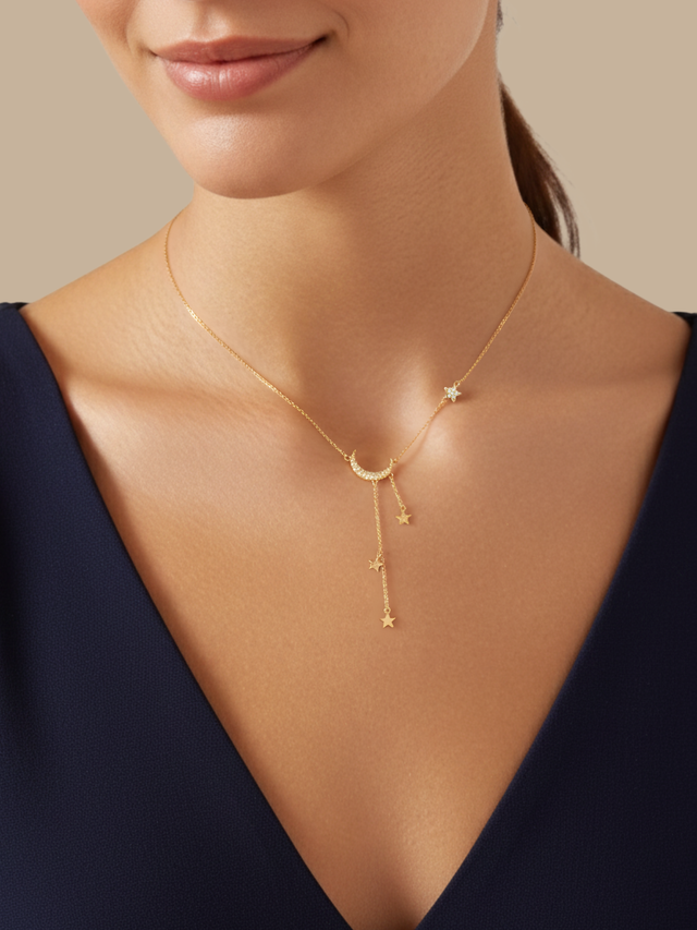 Model Wearing Alia Lariat Necklace in 18k Gold Plated Sterling Silver Adjustable Length 925 2.1gms