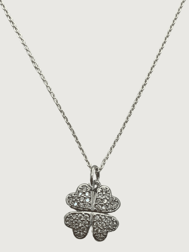 Front View of Cara Clover Pendant Necklace in 925 Sterling Silver Fixed Length Rhodium Plated Brass Metal Stone 16 inches 2.5gms