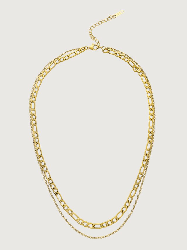 Front View of Duo Layered Necklace in 18k Gold-Plated Metal Adjustable Length Gold Plated Steel | Hypoallergenic Tarnish Resistant Sweat Water Eco - Friendly One Size 12.3gms