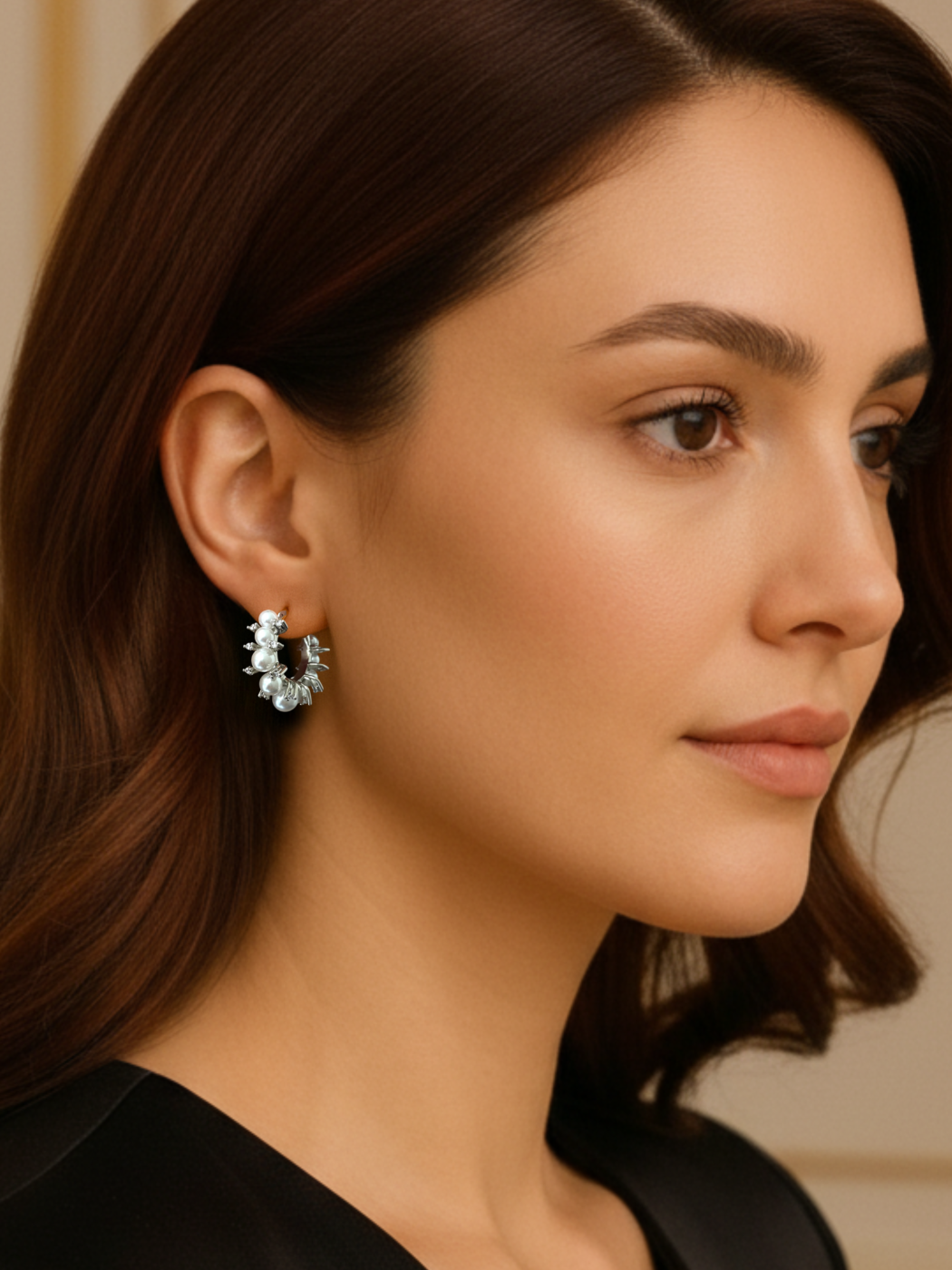 Model Wearing Leya Pearl Hoop earrings in Rhodium Plating Jewelry for Pierced Ears Plated Brass Metal Stone 3 cm 9.7gms