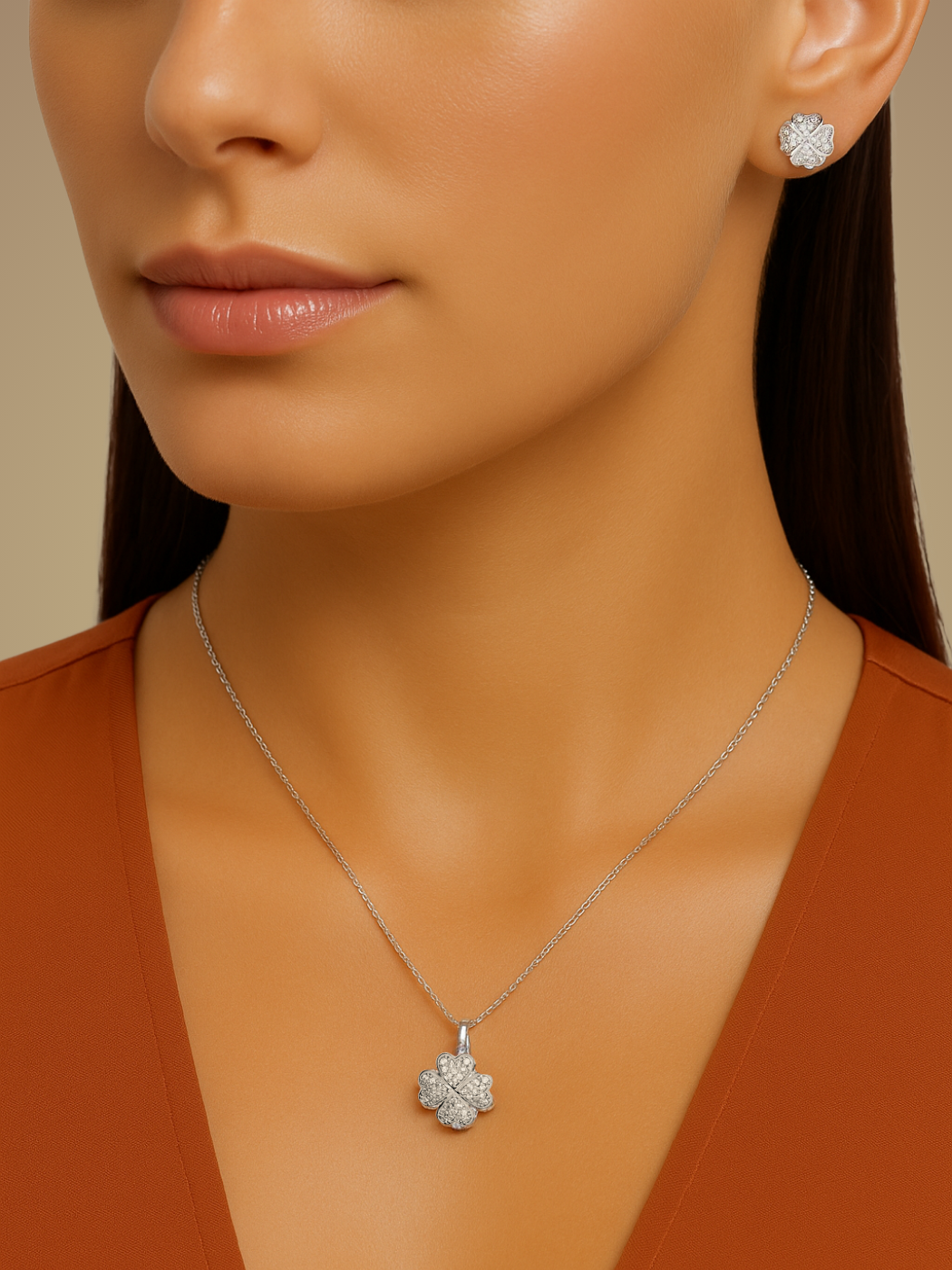 Model Wearing Cara Clover Pendant Necklace Fixed Length 925 Sterling Silver Rhodium Plated Brass 16 inches 2.5gms