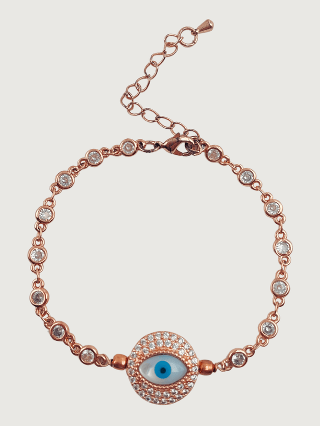 Front View of Evil-Eye Sparkle Bracelet - Rose Gold Adjustable Length 18k Plated 925 Sterling Silver Metal One Size