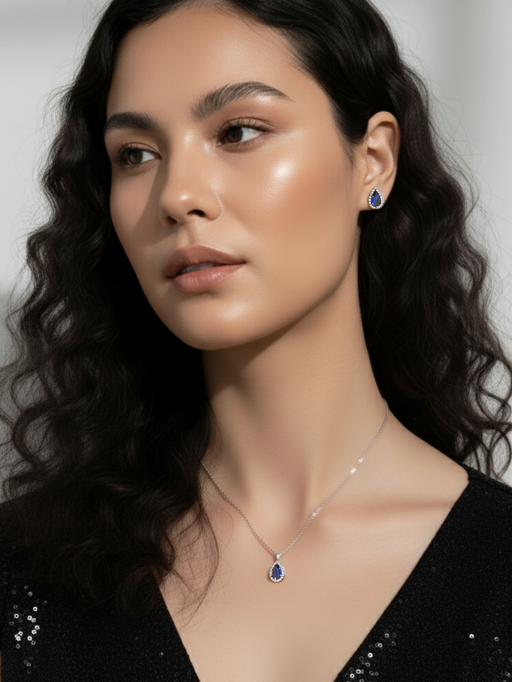 Alternate View of Model Wearing Zia Drop Pendant Necklace & Stud Earrings in 925 Sterling Silver - Blue Fixed Length Metal 16 inches 4.6gms