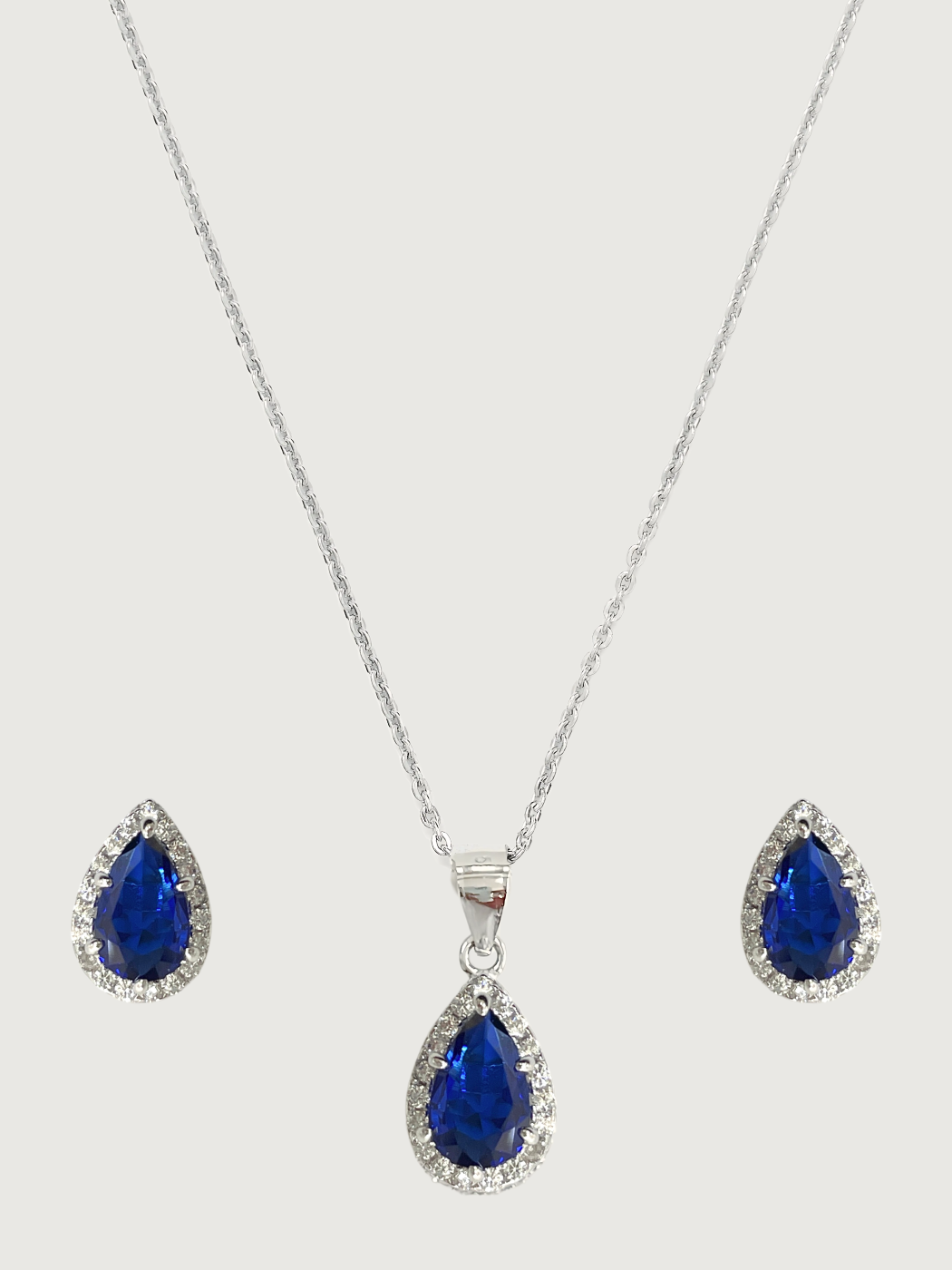 Front View of Zia Drop Pendant Necklace & Stud Earrings in 925 Sterling Silver - Blue Fixed Length Metal 16 inches 4.6gms